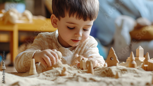 Children Playing with a Wooden Sensory Sandbox, Crafting Miniature Landscapes and Figures in a Warm and Interactive Learning Environment photo