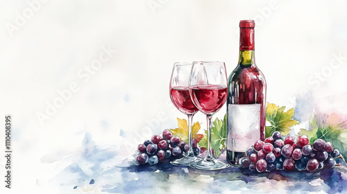 Watercolor image of wine bottle and glasses with grapes, light background. Copy space. Winery invitation. Generative AI
