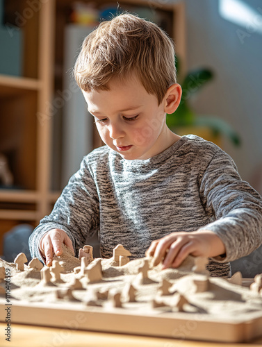 Children Playing with a Wooden Sensory Sandbox, Crafting Miniature Landscapes and Figures in a Warm and Interactive Learning Environment photo