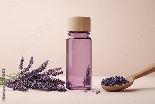Glass bottle of Lavender essential oil with fresh lavender flowers and dried lavender seeds on white wooden rustic table, aromatherapy spa massage concept. Lavendula oleum