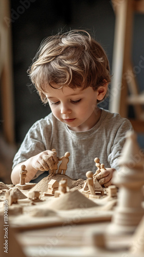 Children Playing with a Wooden Sensory Sandbox, Crafting Miniature Landscapes and Figures in a Warm and Interactive Learning Environment photo