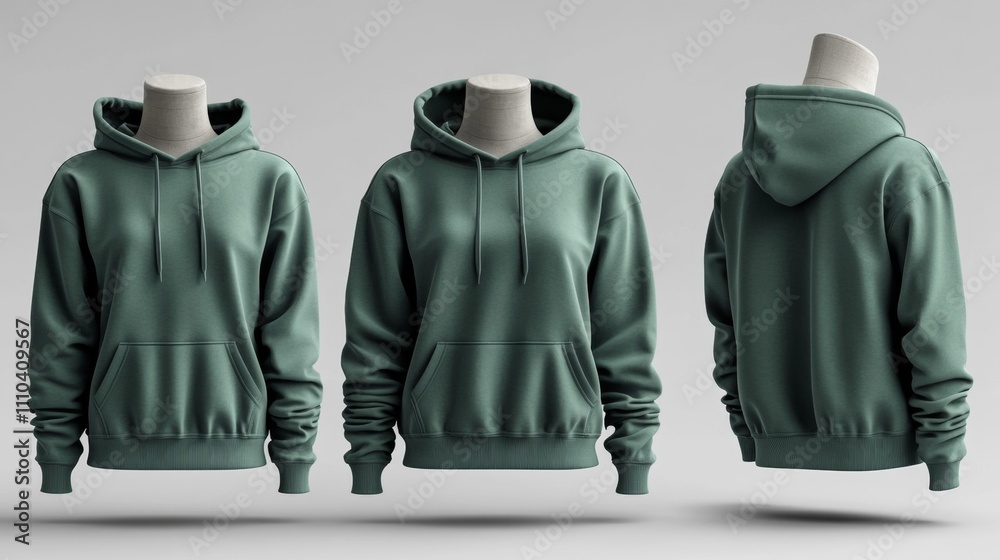 3D Render Mockup of Forest Green Hooded Tee on Mannequin. Generative AI