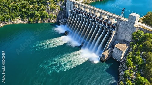 Hydroelectric dam releasing water, generating renewable energy