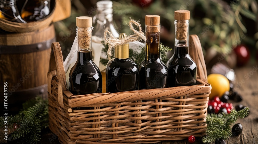 A festive gift basket featuring olive oils, balsamic vinegar, and wooden kitchen accessories for home chefs A festive gift basket featuring olive oils, balsamic vinegar, and wooden kitchen accessories for home chefs