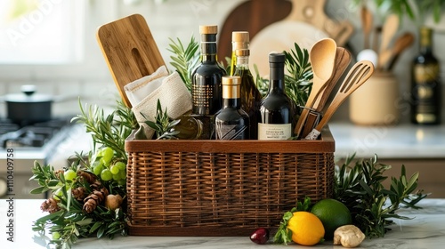 A festive gift basket featuring olive oils, balsamic vinegar, and wooden kitchen accessories for home chefs