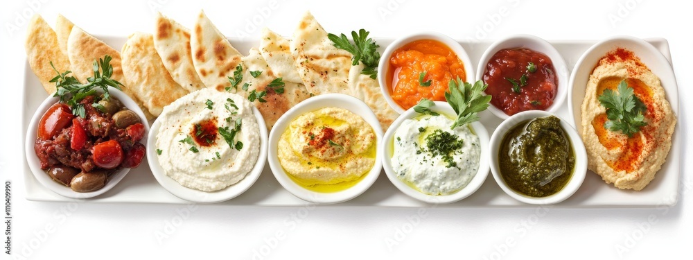 A platter of assorted Mediterranean dips including hummus and tzatziki, isolated white background, expressionism art style A platter of assorted Mediterranean dips including hummus and tzatziki, isolated white background, expressionism art style