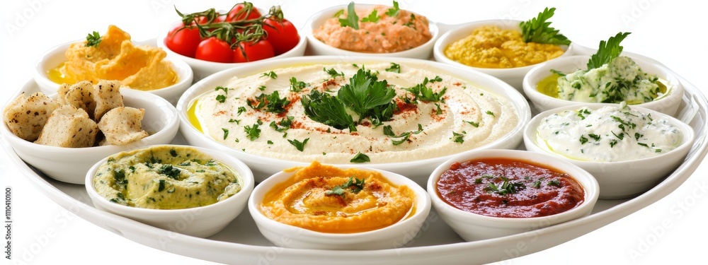 A platter of assorted Mediterranean dips including hummus and tzatziki, isolated white background, expressionism art style A platter of assorted Mediterranean dips including hummus and tzatziki, isolated white background, expressionism art style