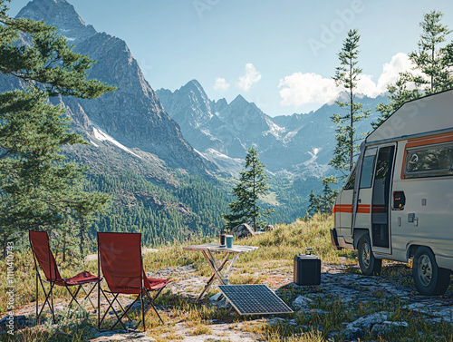 Scenic Camping Setup with Chairs and Tents Overlooking Majestic Mountain Peaks Under a Clear Blue Sky, Highlighting Outdoor Adventure and Relaxation photo