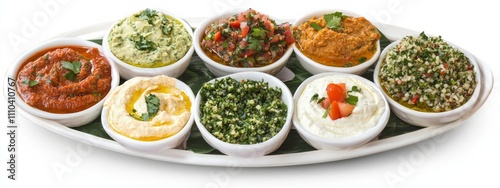 A platter of assorted Middle Eastern dips including baba ganoush and tabbouleh, isolated white background, expressionism art style