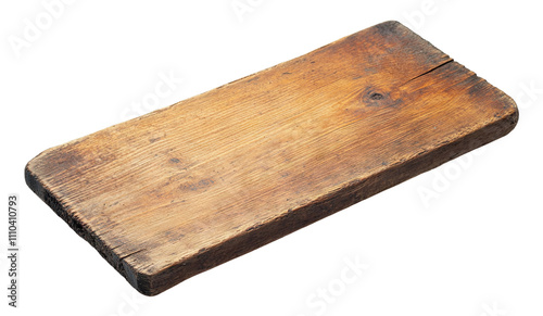 Rustic wooden board with textured surface, isolated on transparent cutout background