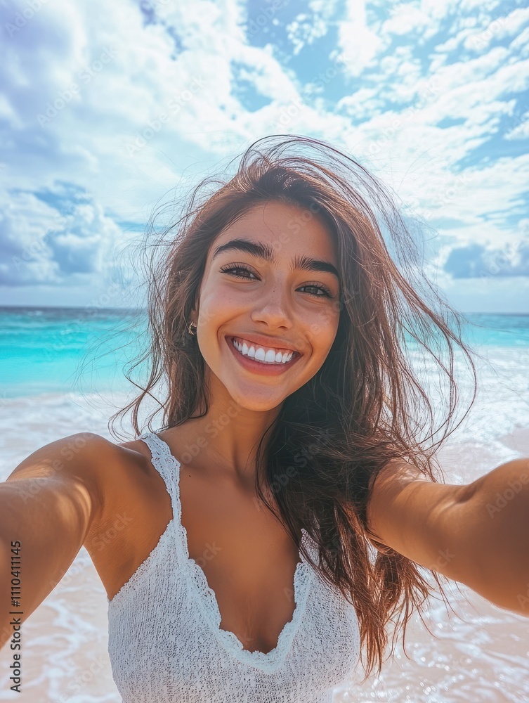 Portrait of smiling young woman taking a selfie at beach during. Cheerful hispanic woman enjoying at beach during holiday. Happy girl taking photo over exotic tropical beach looking at camera. Portrait of smiling young woman taking a selfie at beach during. Cheerful hispanic woman enjoying at beach during holiday. Happy girl taking photo over exotic tropical beach looking at camera.