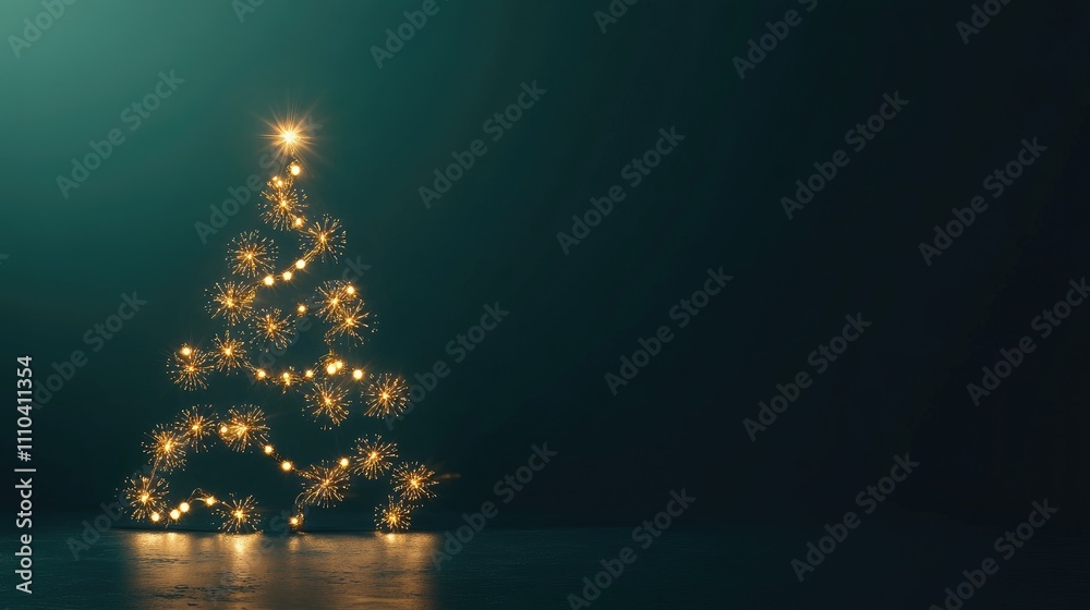 A glowing outline of a fir tree made with festive lights on a dark green background, symbolizing holiday cheer A glowing outline of a fir tree made with festive lights on a dark green background, symbolizing holiday cheer