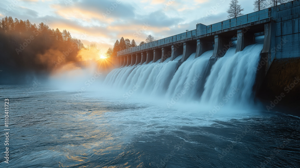 Scenic sunrise over powerful dam with rushing water and misty atmosphere Scenic sunrise over powerful dam with rushing water and misty atmosphere