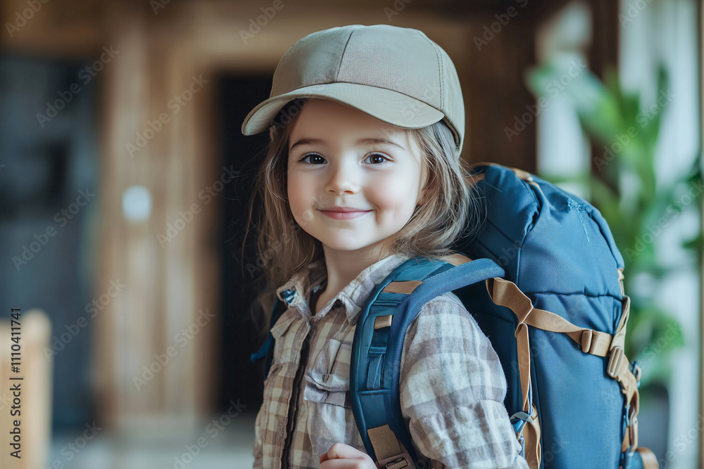 Little caucasian girl at outdoors with mountaineer backpack Little caucasian girl at outdoors with mountaineer backpack