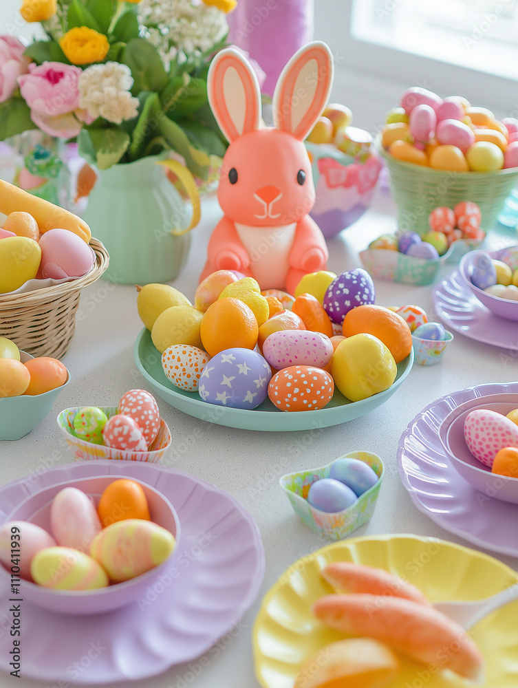 Cheerful kids' Easter table with colorful plates, bunny pancakes, fruit bowls, plush bunny, and candy-filled baskets, creating a joyful, family-friendly atmosphere. Cheerful kids' Easter table with colorful plates, bunny pancakes, fruit bowls, plush bunny, and candy-filled baskets, creating a joyful, family-friendly atmosphere.