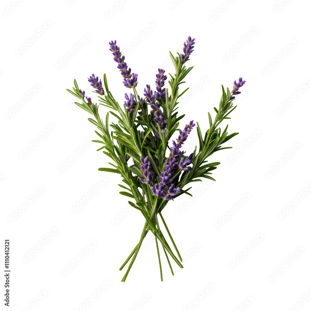 Obraz premium Fresh lavender bouquet with vibrant purple flowers and green leaves, perfect for aromatherapy and decoration. isolated on transparent background