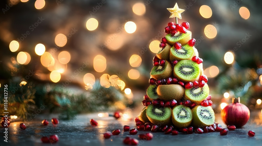 A kiwi and pomegranate Christmas tree stands out against twinkling fairy lights, adding a healthy twist to holiday decor A kiwi and pomegranate Christmas tree stands out against twinkling fairy lights, adding a healthy twist to holiday decor