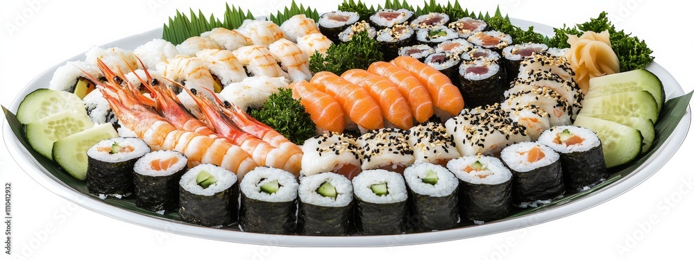 A platter of assorted sushi rolls with eel, shrimp, and cucumber A platter of assorted sushi rolls with eel, shrimp, and cucumber
