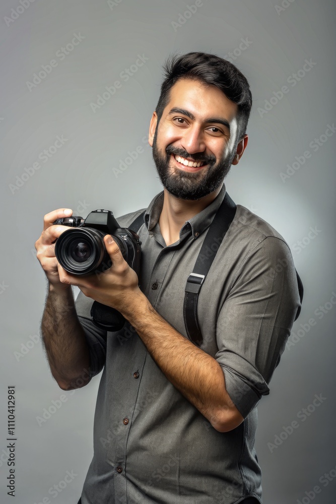 Portrait of a happy, smiling photographer with a camera. Portrait of a happy, smiling photographer with a camera.