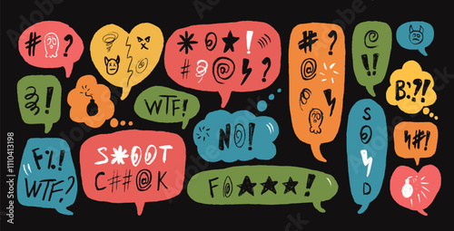 Speech bubbles with hate swear words. Crayon doodle text. Bad bulling expression on chat dialog boxes. Aggressive social media swearwords isolated on white background. Vector hand drawn illustration