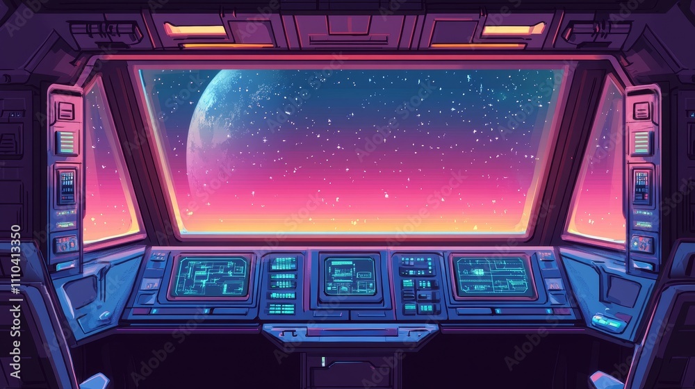 A futuristic cockpit view showcasing a vibrant cosmic landscape with stars and a distant planet. A futuristic cockpit view showcasing a vibrant cosmic landscape with stars and a distant planet.