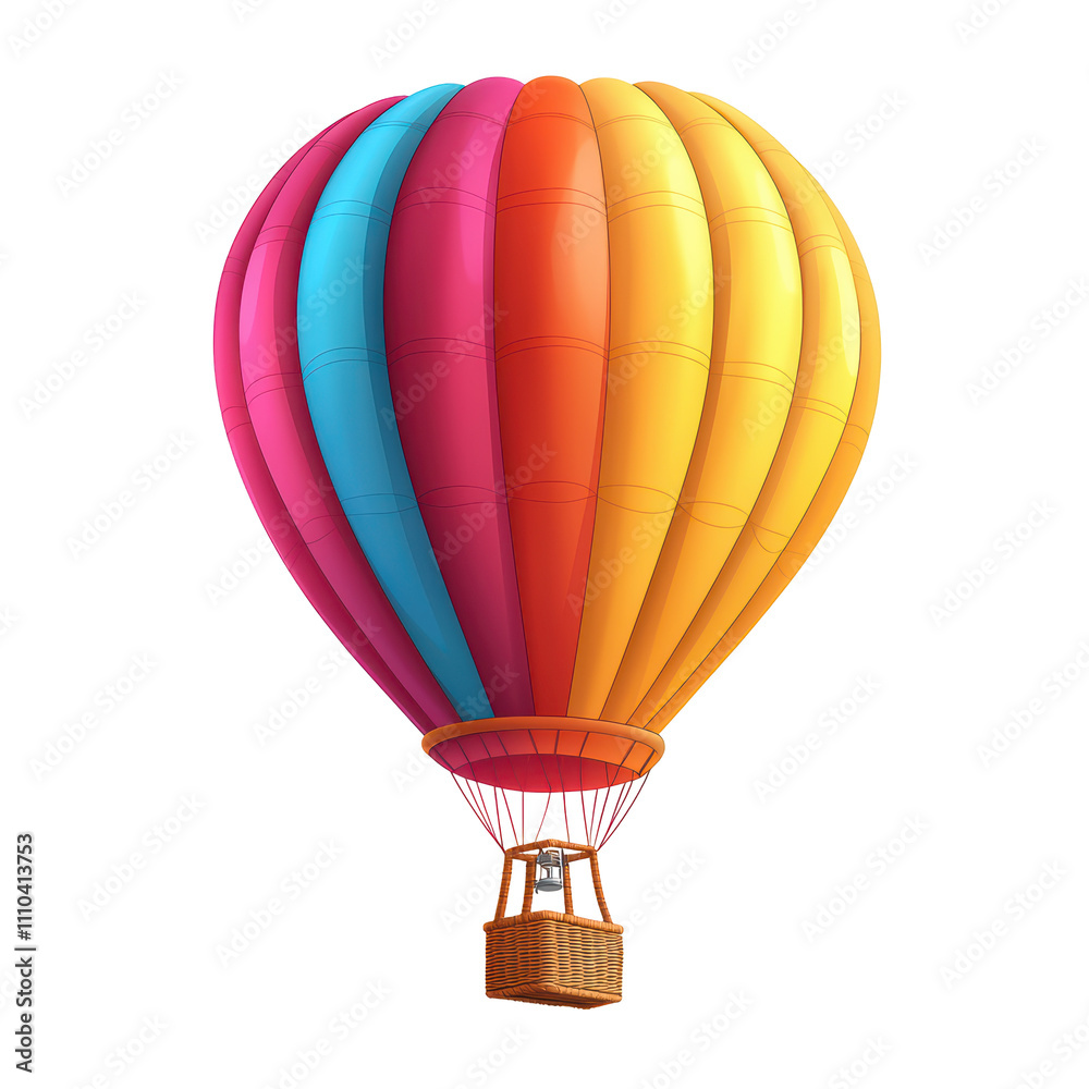Fototapeta premium Colorful hot air balloon with vibrant stripes and wicker basket isolated on transparent background