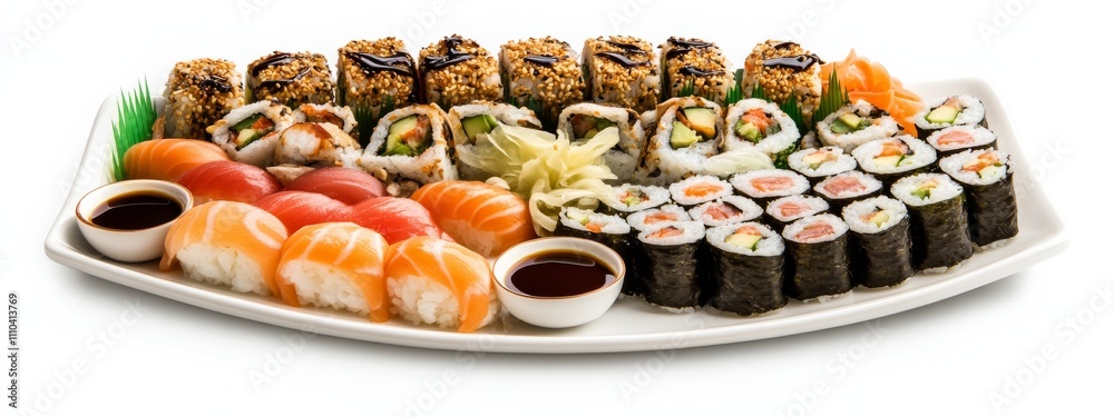 A platter of assorted sushi rolls with soy sauce and pickled ginger, isolated white background, contemporary art style A platter of assorted sushi rolls with soy sauce and pickled ginger, isolated white background, contemporary art style