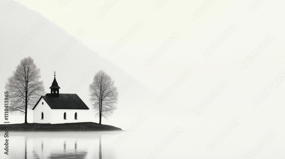 Tranquil lakeside church in winter morning fog reflection Tranquil lakeside church in winter morning fog reflection