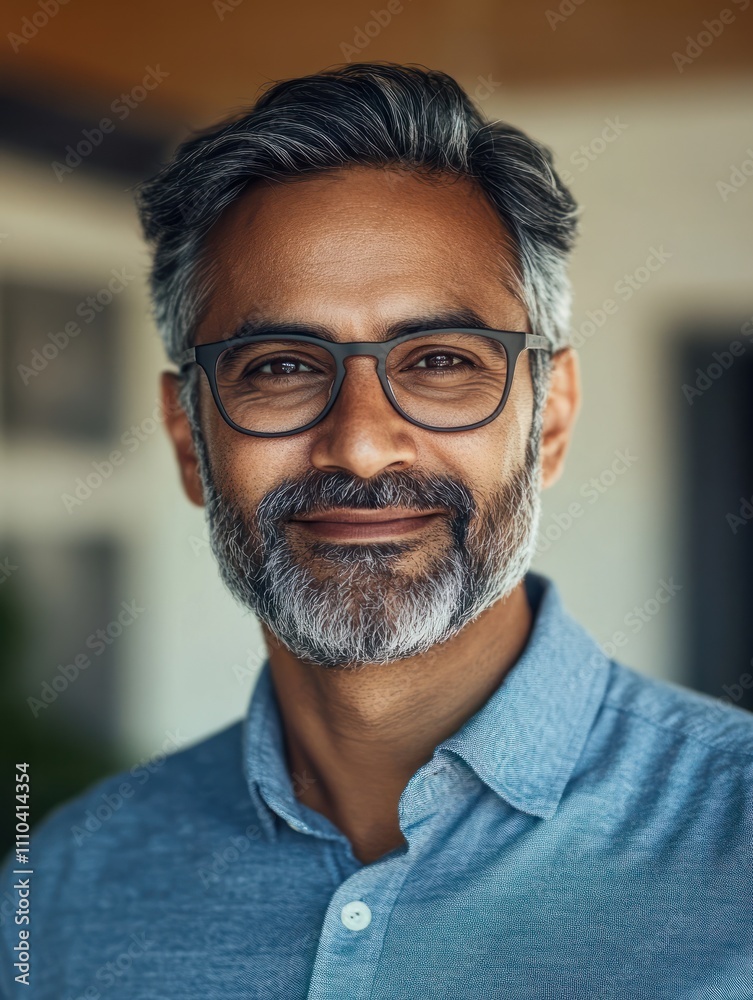Obraz premium Smiling mature indian man wearing spectacles and looking at camera. Middle eastern confident businessman at office. Portrait of successful mid entrepreneur feeling satisfied and working from home.