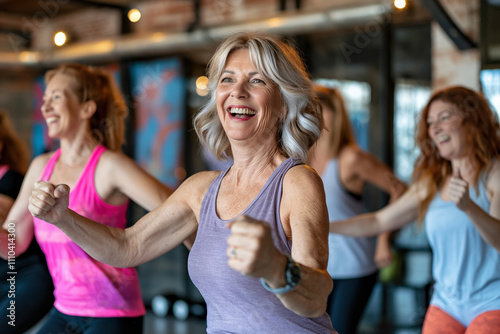 Group of Joyful Middle-Aged Women Performing Aerobics in a Gym Studio for Fitness and Fun