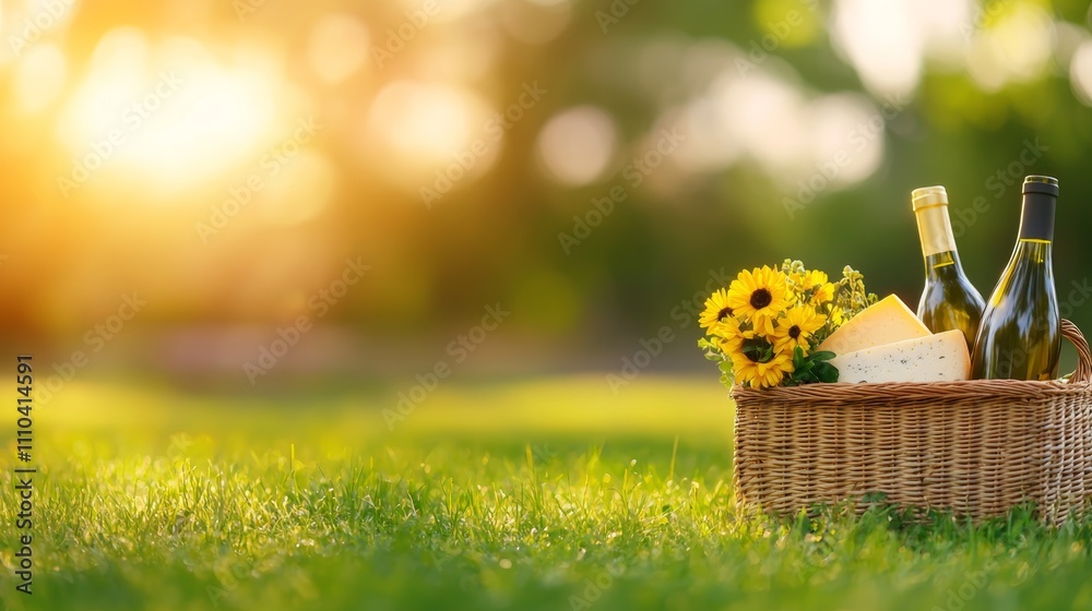 Romantic Valentine's Day Gift Basket Picnic Mockup with Wine, Cheese, and Flowers on Lush Green Lawn at Sunset Romantic Valentine's Day Gift Basket Picnic Mockup with Wine, Cheese, and Flowers on Lush Green Lawn at Sunset