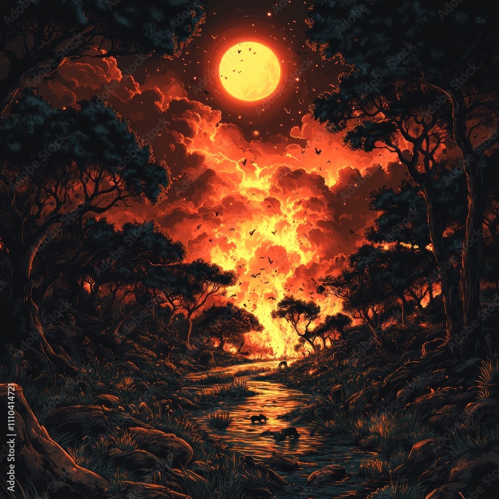 A dramatic landscape depicting a fiery sunset over a river, surrounded by trees and flames. A dramatic landscape depicting a fiery sunset over a river, surrounded by trees and flames.