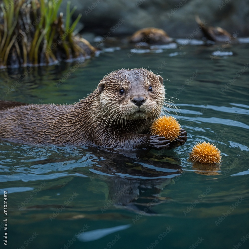 A playful otter holding a sea urchin while floating in a kelp forest. A playful otter holding a sea urchin while floating in a kelp forest.