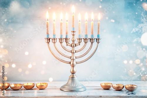 Festive menorah with lit candles on a winter background. photo