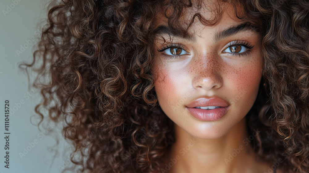 close up portrait of a woman with curly wavy brown hair set against grey background close up portrait of a woman with curly wavy brown hair set against grey background