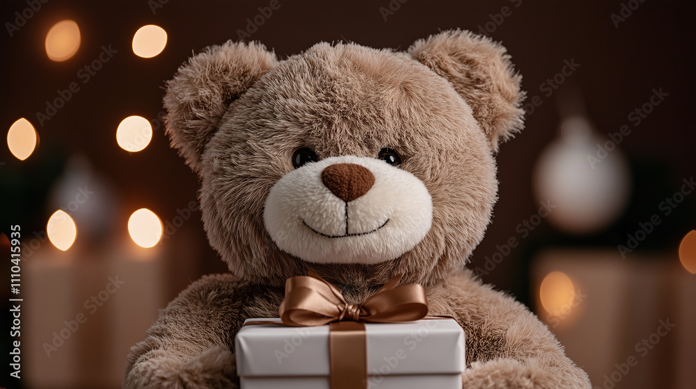 A teddy bear holding a beautifully wrapped gift box, with a festive background featuring soft lighting and decorations, perfect for Christmas holiday A teddy bear holding a beautifully wrapped gift box, with a festive background featuring soft lighting and decorations, perfect for Christmas holiday