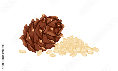 Pine cone and pile of pine nuts isolated on white background. Vector cartoon flat illustration. 
