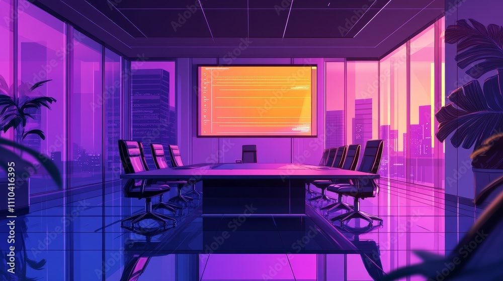 A modern conference room with a large screen and an urban sunset view, designed for business meetings. A modern conference room with a large screen and an urban sunset view, designed for business meetings.