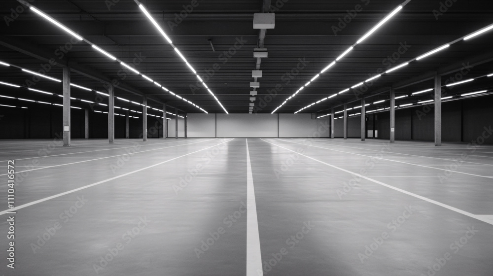 A spacious empty car park illuminated by bright overhead lights. The smooth concrete floor reflects the glow, with white parking lines neatly marked in symmetrical rows. The environment feels quiet A spacious empty car park illuminated by bright overhead lights. The smooth concrete floor reflects the glow, with white parking lines neatly marked in symmetrical rows. The environment feels quiet