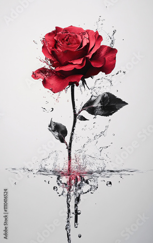 Striking Red Rose with Water Splashes and Reflections in an Artistic Composition, Emphasizing Elegance, Passion, and Vibrant Beauty photo