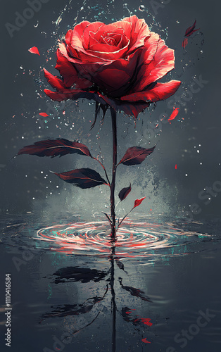 Striking Red Rose with Water Splashes and Reflections in an Artistic Composition, Emphasizing Elegance, Passion, and Vibrant Beauty photo