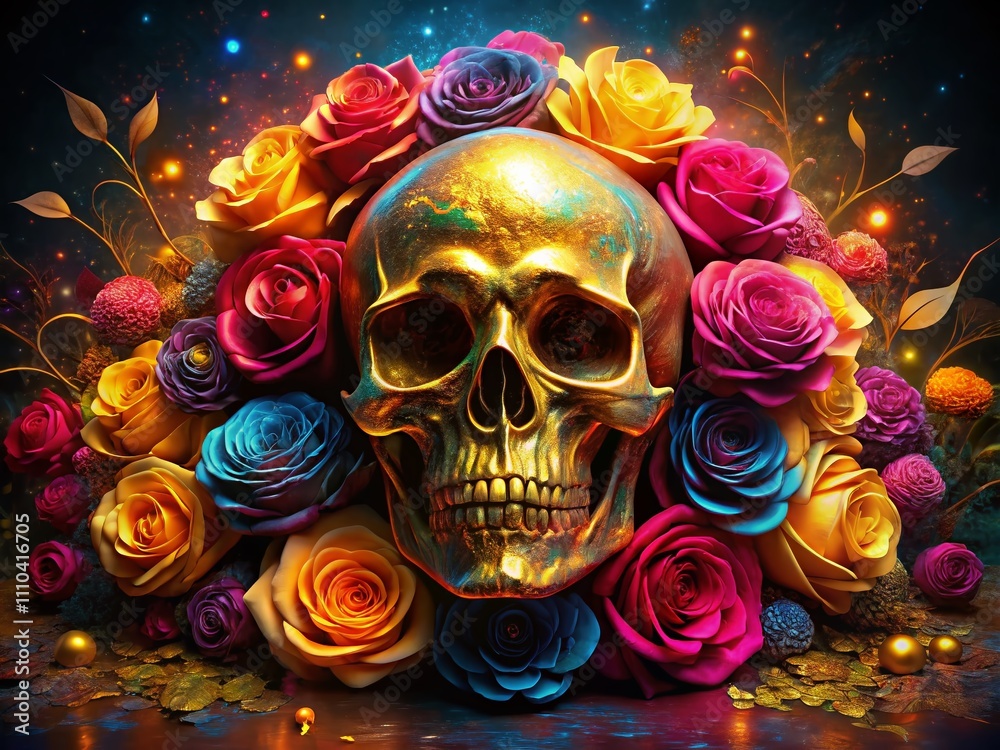 Surreal Silhouette of a Psychedelic Golden Human Skull Surrounded by Vibrant Roses Against a Colorful Background for Artistic Expression and Unique Decor Surreal Silhouette of a Psychedelic Golden Human Skull Surrounded by Vibrant Roses Against a Colorful Background for Artistic Expression and Unique Decor