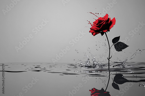 Striking Red Rose with Water Splashes and Reflections in an Artistic Composition, Emphasizing Elegance, Passion, and Vibrant Beauty photo