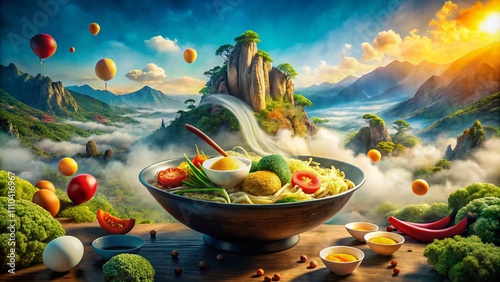 Surreal Steaming Bowl of Ramen Noodles Surrounded by Floating Ingredients in a Dreamlike Landscape, Evoking a Whimsical Culinary Experience with Vivid Colors and Imagination photo