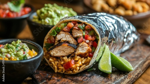 A delicious Chipotle burrito filled with rice, beans, grilled chicken, salsa, and guacamole, wrapped in foil photo