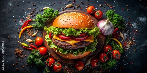 Surreal Top View of Cooked Hamburger Meat on a Dark Background, Emphasizing Texture and Color Contrast for Culinary Artistry and Gastronomic Inspiration