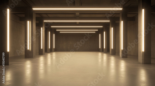 A deserted car park with clearly marked parking slots, illuminated by a grid of overhead lights. The polished concrete floor adds a modern sheen, while the structural beams and pillars in the
