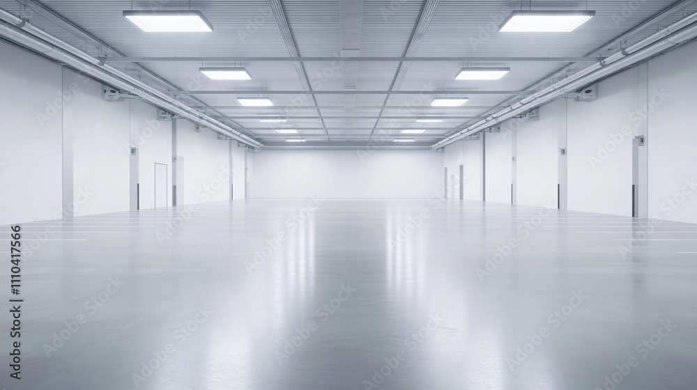 A pristine, empty parking area with bright overhead lights illuminating the rows of neatly marked spaces. The polished concrete floor reflects the lighting softly, while the distant view reveals
