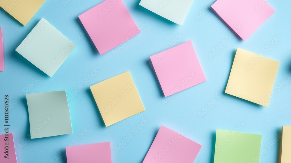 Scattered pastel sticky notes on a blue background. A minimalist, colorful, and calming design Scattered pastel sticky notes on a blue background. A minimalist, colorful, and calming design