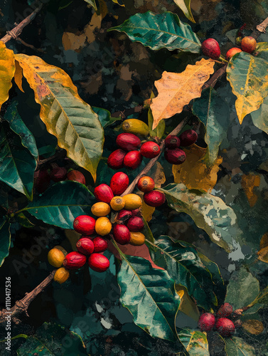 Close up, coffee berries hanging on a coffee tree